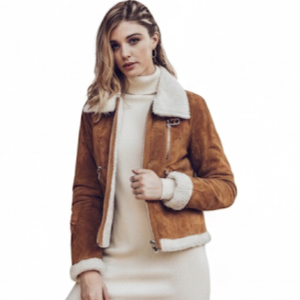 Zara Woman Premium Real Suede Aviator Jacket Faux Shearling Size XS Like New!